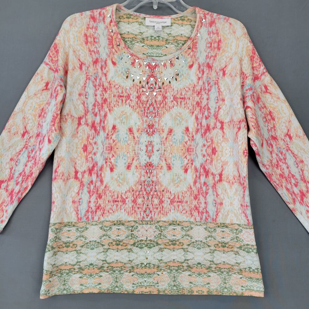 Breckenridge Womens Shirt Petite Size S Cream Pink Studded Scoop 3/4 Sleeves Top